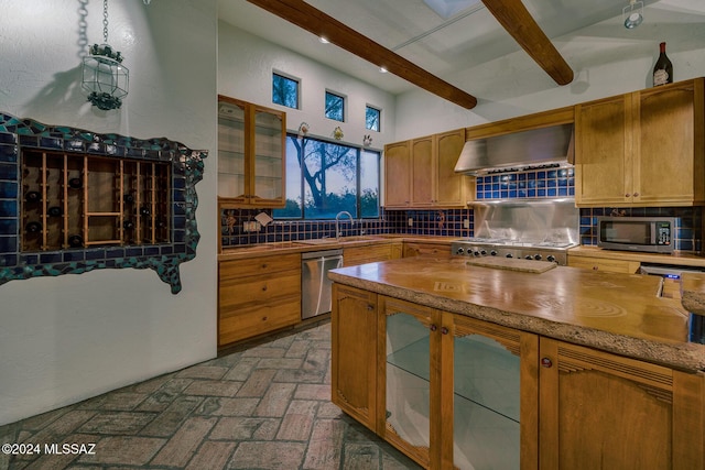 kitchen with stainless steel appliances, tasteful backsplash, ventilation hood, and beamed ceiling