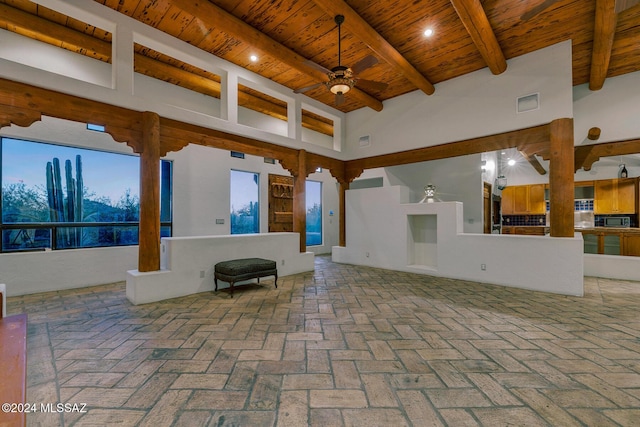 patio terrace at dusk with ceiling fan