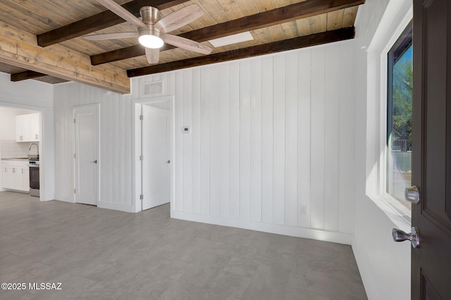 unfurnished room featuring visible vents, beamed ceiling, wooden ceiling, and a ceiling fan