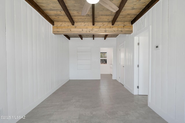 hall with wooden ceiling and beam ceiling