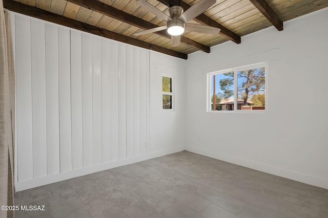 spare room featuring ceiling fan, beamed ceiling, wooden ceiling, and baseboards