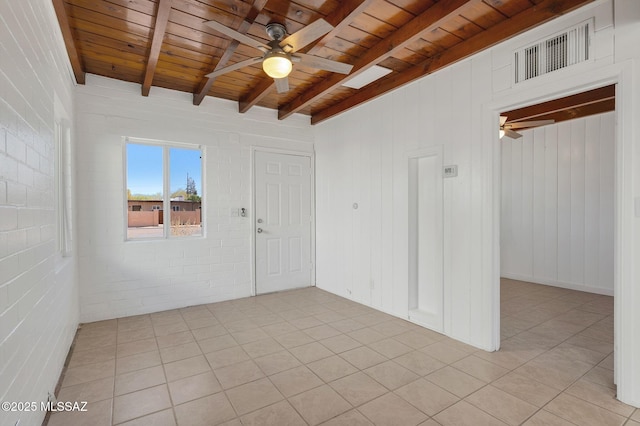 empty room featuring beam ceiling, visible vents, ceiling fan, brick wall, and wooden ceiling