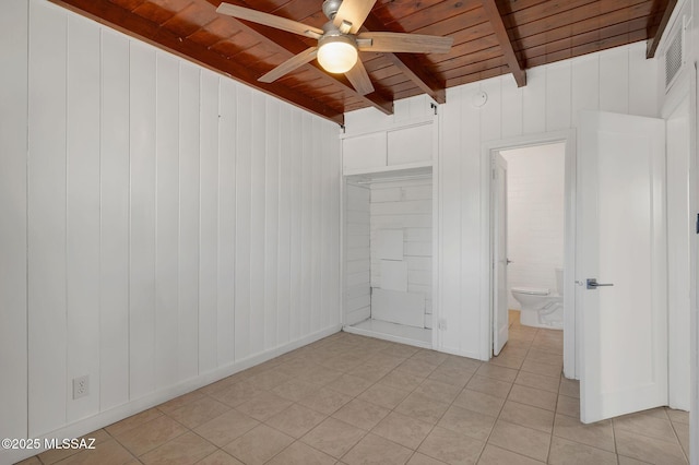 unfurnished bedroom with light tile patterned floors, visible vents, a ceiling fan, wood ceiling, and beam ceiling