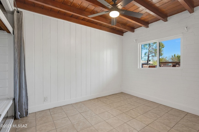 unfurnished room featuring beam ceiling, light tile patterned floors, wood ceiling, ceiling fan, and brick wall