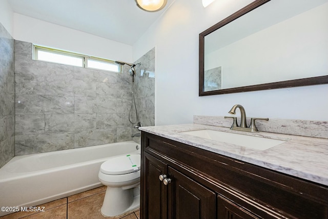 full bath with toilet, shower / tub combination, tile patterned flooring, and vanity