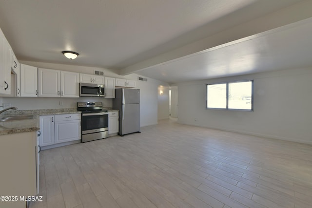 kitchen featuring stainless steel appliances, a sink, visible vents, white cabinetry, and open floor plan