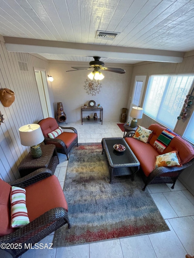 living room with wooden walls, visible vents, and beam ceiling