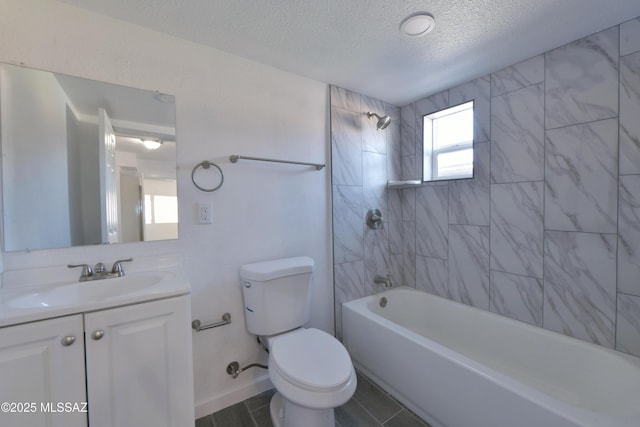 full bathroom featuring vanity, baseboards, bathtub / shower combination, a textured ceiling, and toilet