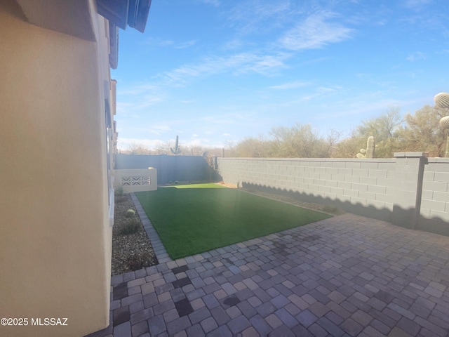 view of yard featuring a patio area and a fenced backyard