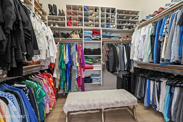 walk in closet with wood finished floors