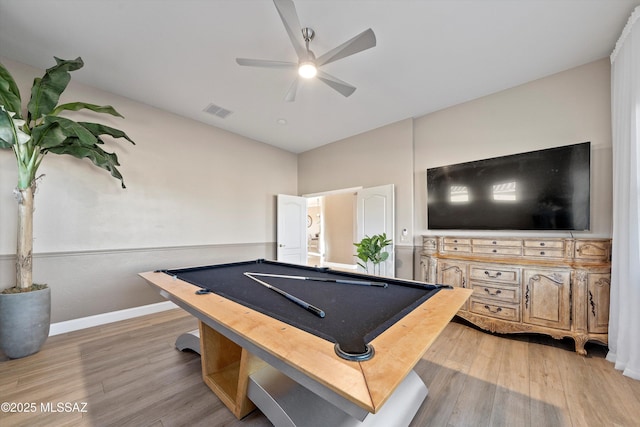 game room with visible vents, baseboards, a ceiling fan, wood finished floors, and pool table
