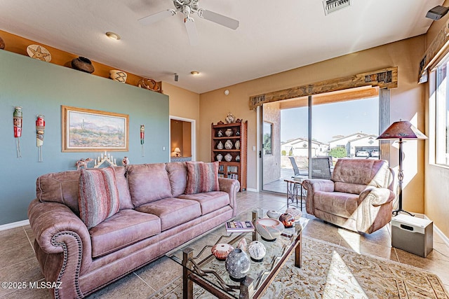 living area featuring ceiling fan, visible vents, and baseboards