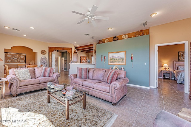 living room with recessed lighting, visible vents, ceiling fan, baseboards, and tile patterned floors