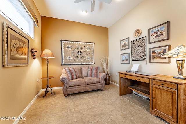 office with light tile patterned floors, ceiling fan, and baseboards