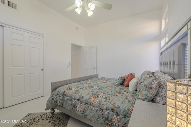 bedroom with ceiling fan and visible vents