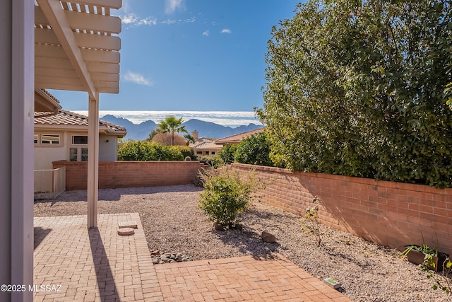 view of yard featuring a fenced backyard, a mountain view, and a patio