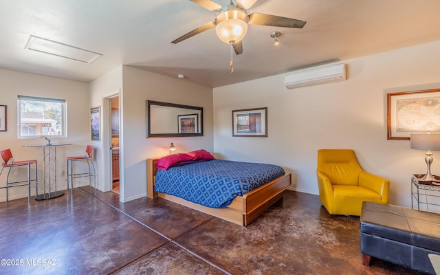 bedroom featuring baseboards, a wall mounted air conditioner, a ceiling fan, and finished concrete floors