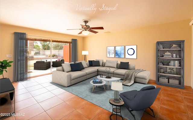 tiled living area with a ceiling fan