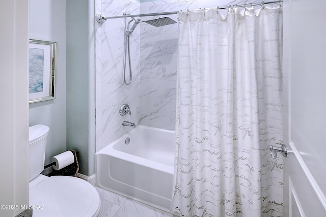 full bathroom featuring marble finish floor, shower / tub combo, and toilet