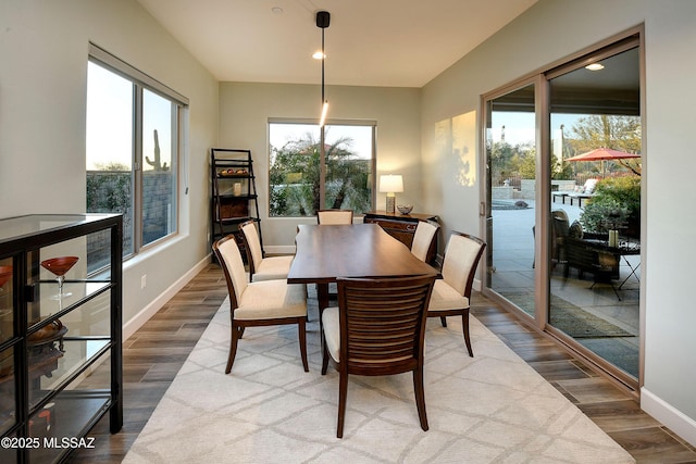 dining area featuring baseboards, wood finished floors, and recessed lighting