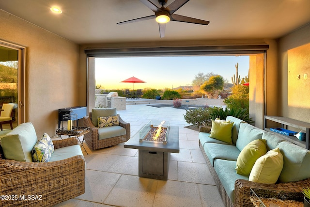 interior space with recessed lighting, ceiling fan, and stone tile floors