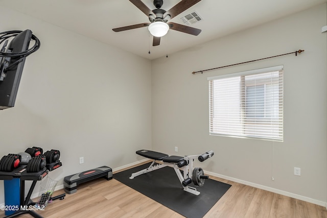 exercise area featuring ceiling fan, wood finished floors, visible vents, and baseboards