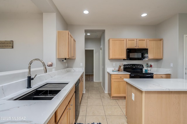 kitchen with light tile patterned floors, light brown cabinets, recessed lighting, a sink, and black appliances