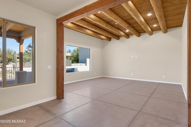 spare room with wood ceiling, baseboards, beam ceiling, and recessed lighting