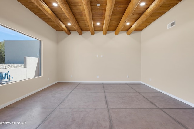 empty room featuring visible vents, wooden ceiling, concrete flooring, beam ceiling, and recessed lighting