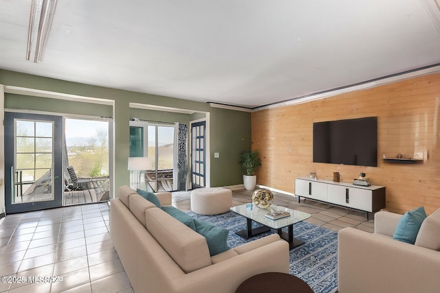 tiled living room with wooden walls