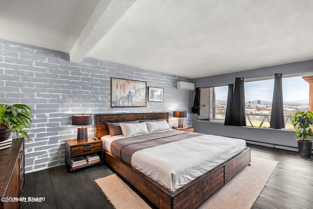 bedroom with dark wood-type flooring, beamed ceiling, and a wall mounted AC