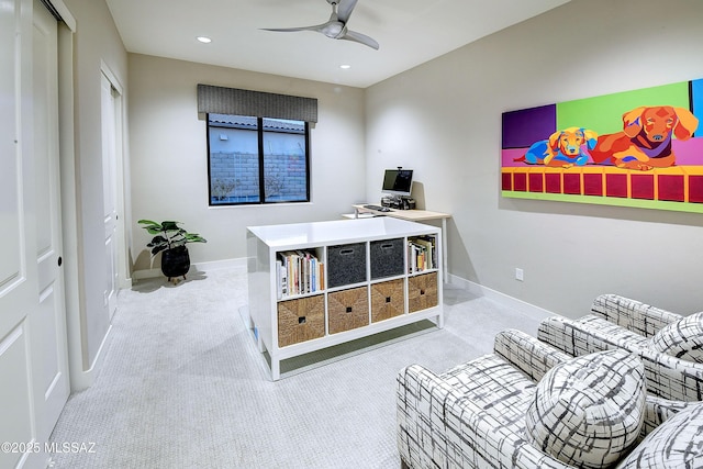 bedroom with light carpet, baseboards, a ceiling fan, a closet, and recessed lighting