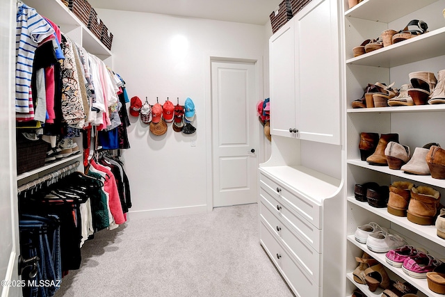 spacious closet featuring light colored carpet