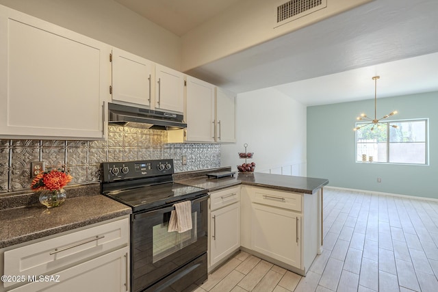 kitchen with under cabinet range hood, a peninsula, electric range, white cabinets, and backsplash