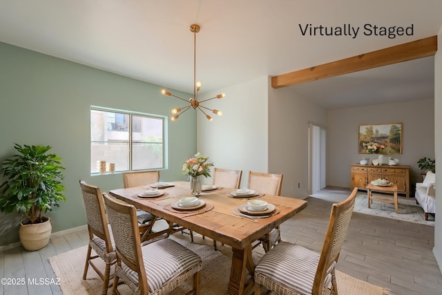 dining room featuring baseboards, beamed ceiling, light wood-type flooring, and a notable chandelier