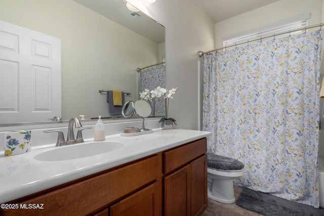 full bathroom with toilet, tile patterned floors, vanity, and shower / bath combination with curtain