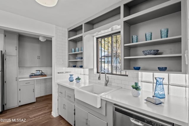 235 N Tucson Blvd, Tucson, AZ 85716 - kitchen featuring open shelves, dishwasher, light countertops, a sink, and decorative backsplash