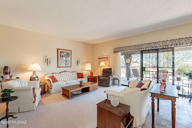 living room featuring a textured ceiling and carpet flooring