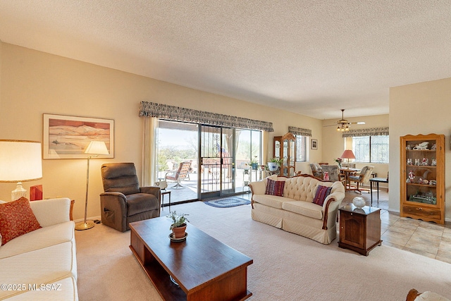 living room featuring a textured ceiling and light colored carpet