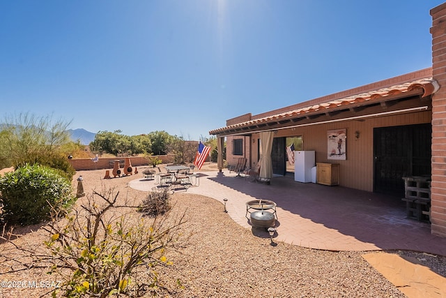 view of patio with a mountain view