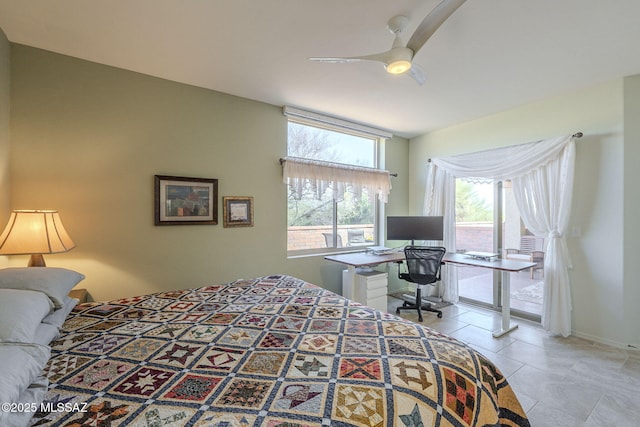 bedroom with light tile patterned floors, access to outside, and ceiling fan