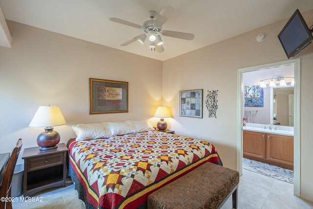 bedroom with a ceiling fan and ensuite bathroom