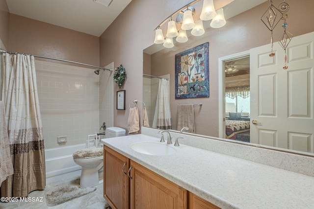 full bath featuring toilet, ensuite bath, shower / bathtub combination with curtain, and vanity