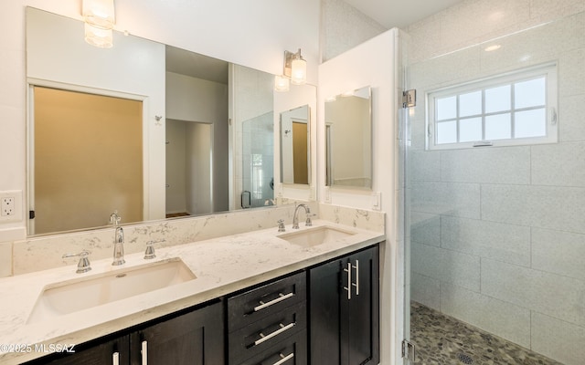 full bathroom featuring a sink, a shower stall, and double vanity