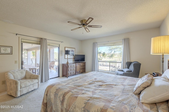 carpeted bedroom with access to exterior, multiple windows, and a textured ceiling