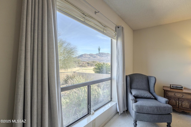 sitting room featuring carpet floors and a mountain view