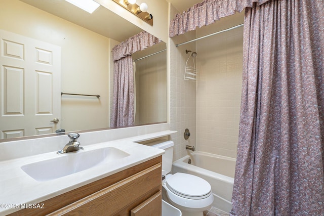 full bathroom with shower / bath combo, vanity, and toilet