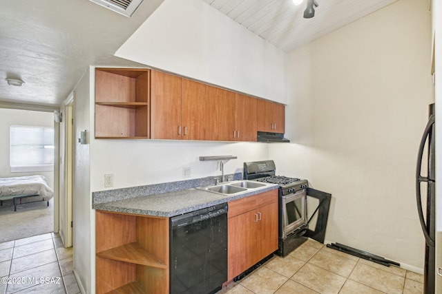 kitchen with a sink, black appliances, open shelves, and under cabinet range hood