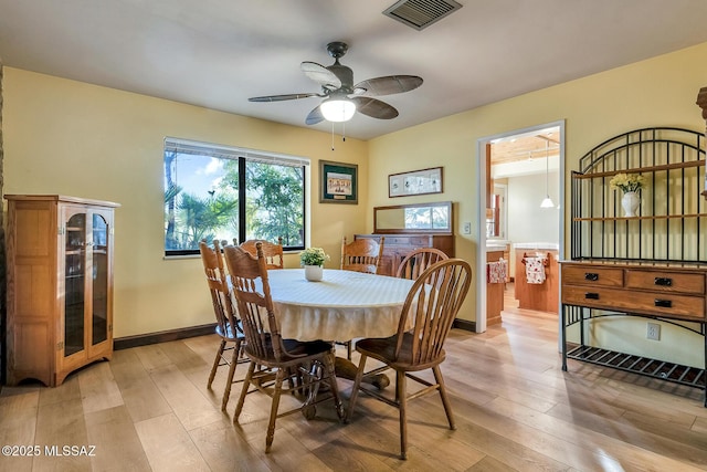 dining area with visible vents, light wood-style flooring, baseboards, and a ceiling fan