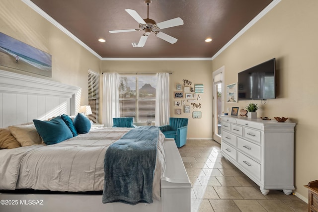 bedroom with light tile patterned floors, baseboards, crown molding, and recessed lighting